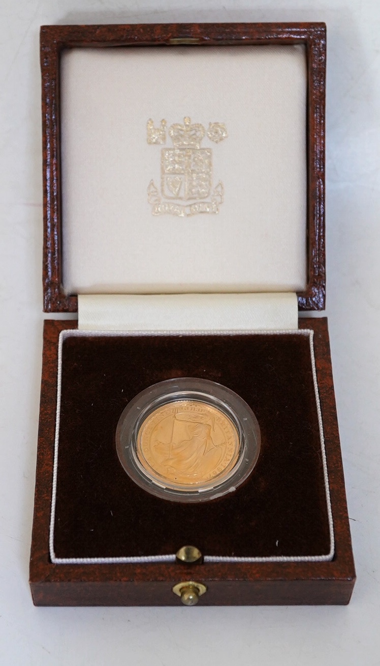 British gold coins, 1987 Royal Mint Britannia 1/4 oz. proof gold £25 coin, in case of issue with certificate